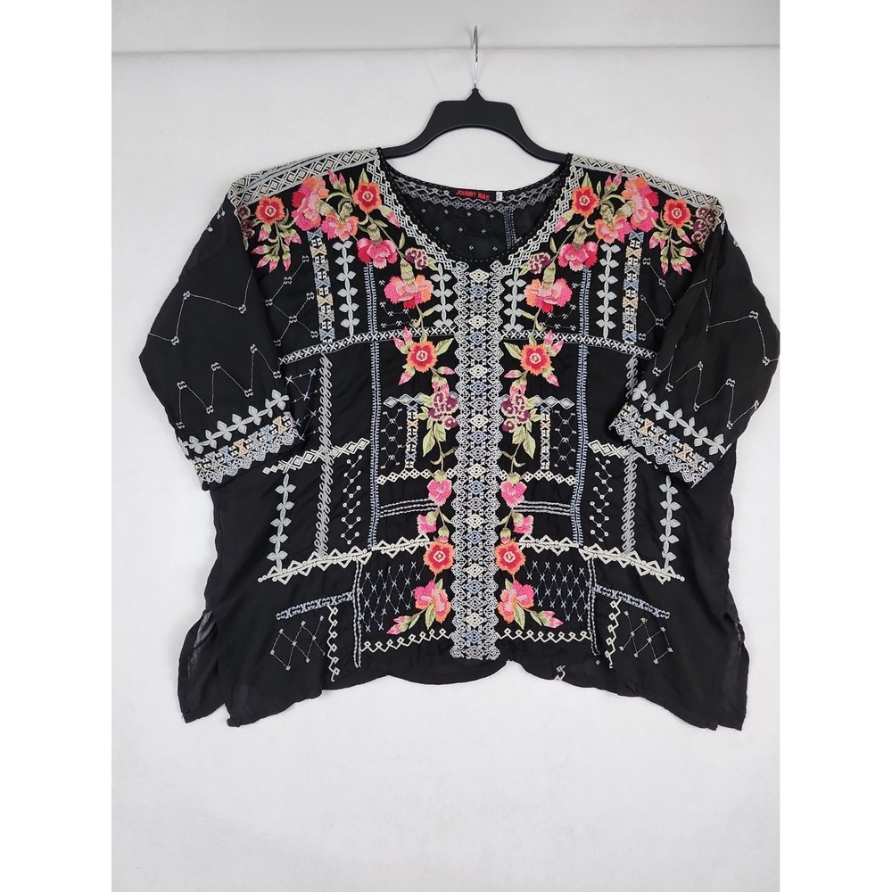 Johnny Was Blouse Womens XL Floral Embroidered Black Short Sleeve Boho Chic
